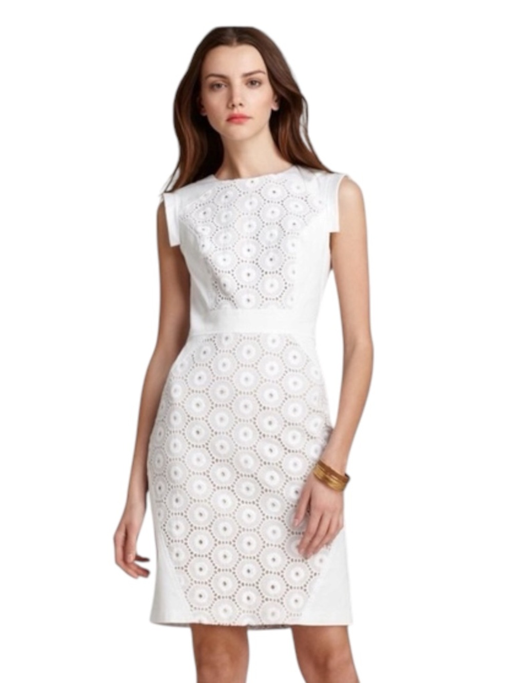 BLACK Saks Fifth Ave White Cotton Eyelet Cap Sleeve Above Knee Dress (6)